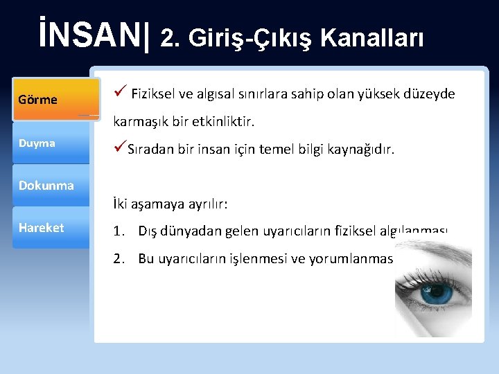 İNSAN| 2. Giriş-Çıkış Kanalları Görme ü Fiziksel ve algısal sınırlara sahip olan yüksek düzeyde