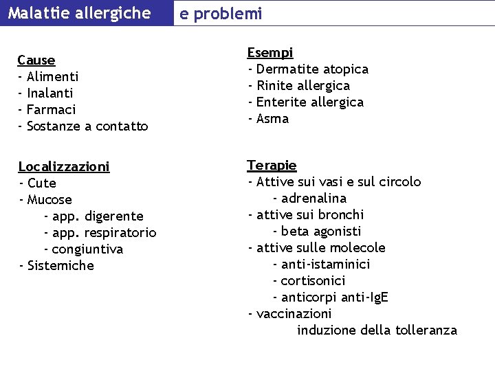 Malattie allergiche Cause - Alimenti - Inalanti - Farmaci - Sostanze a contatto Localizzazioni
