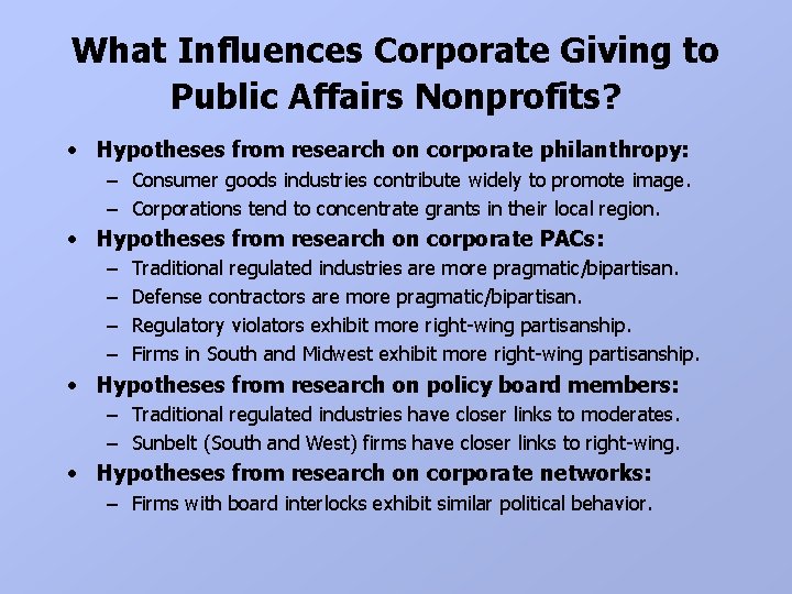 What Influences Corporate Giving to Public Affairs Nonprofits? • Hypotheses from research on corporate