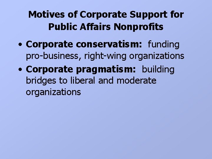 Motives of Corporate Support for Public Affairs Nonprofits • Corporate conservatism: funding pro-business, right-wing