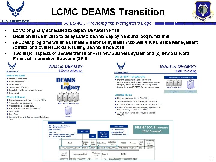 LCMC DEAMS Transition AFLCMC… Providing the Warfighter’s Edge • • LCMC originally scheduled to