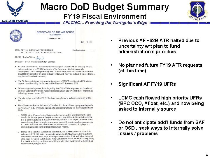 Macro Do. D Budget Summary FY 19 Fiscal Environment AFLCMC… Providing the Warfighter’s Edge