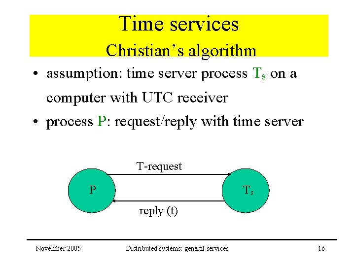Time services Christian’s algorithm • assumption: time server process Ts on a computer with
