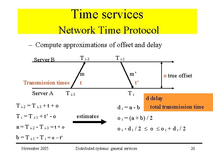 Time services Network Time Protocol – Compute approximations of offset and delay T i-2