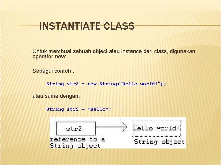 INSTANTIATE CLASS Untuk membuat sebuah object atau instance dari class, digunakan operator new Sebagai