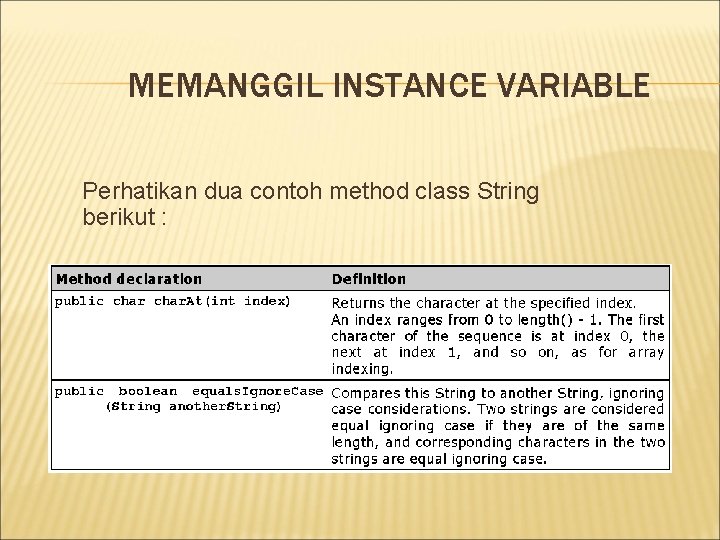 MEMANGGIL INSTANCE VARIABLE Perhatikan dua contoh method class String berikut : 