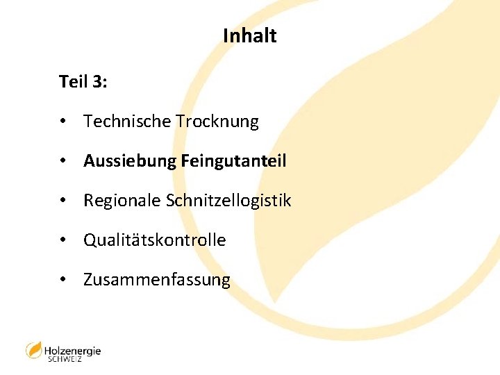 Inhalt Teil 3: • Technische Trocknung • Aussiebung Feingutanteil • Regionale Schnitzellogistik • Qualitätskontrolle