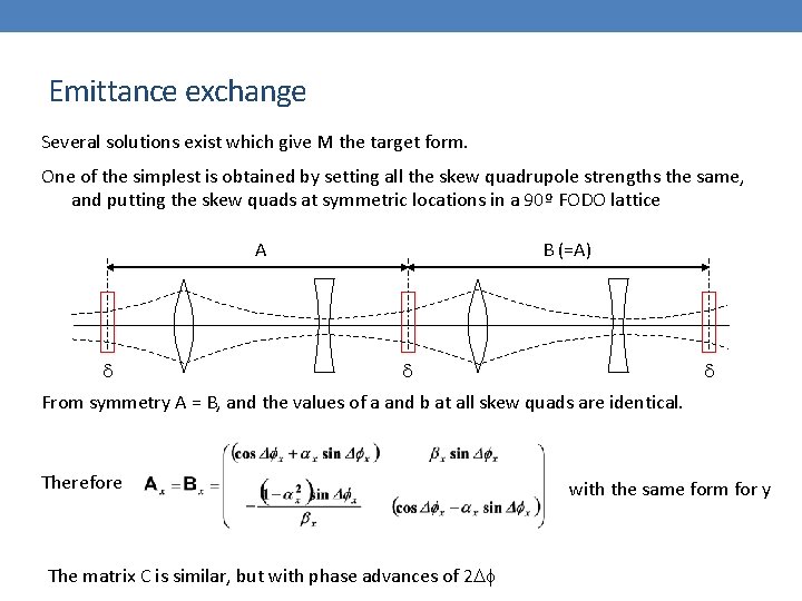 Emittance exchange Several solutions exist which give M the target form. One of the