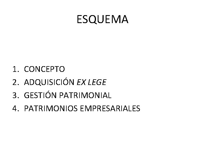 ESQUEMA 1. 2. 3. 4. CONCEPTO ADQUISICIÓN EX LEGE GESTIÓN PATRIMONIAL PATRIMONIOS EMPRESARIALES 