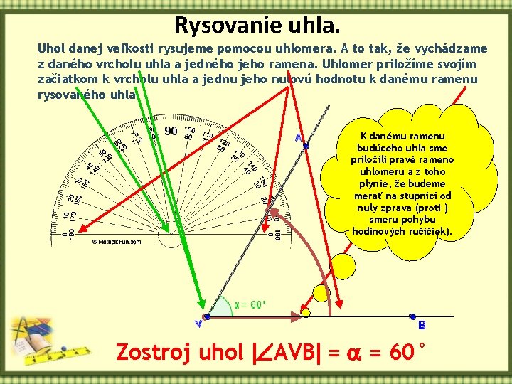 Rysovanie uhla. Uhol danej veľkosti rysujeme pomocou uhlomera. A to tak, že vychádzame z