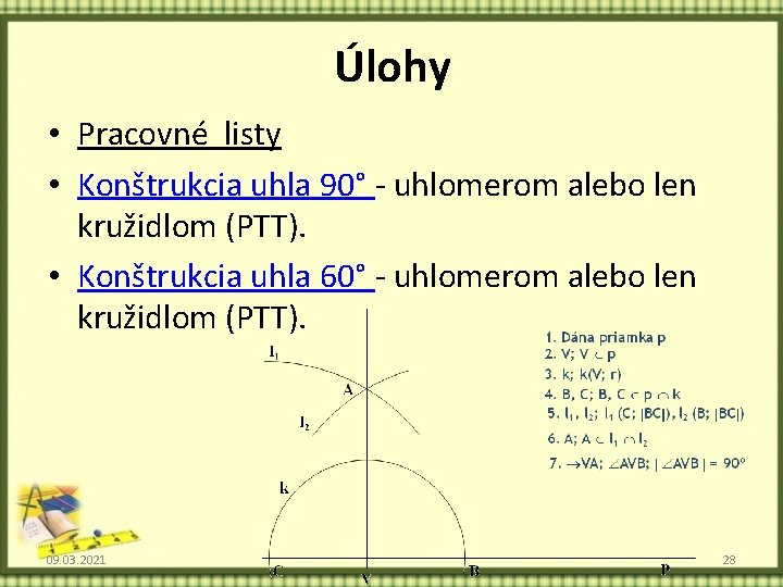 Úlohy • Pracovné listy • Konštrukcia uhla 90° - uhlomerom alebo len kružidlom (PTT).