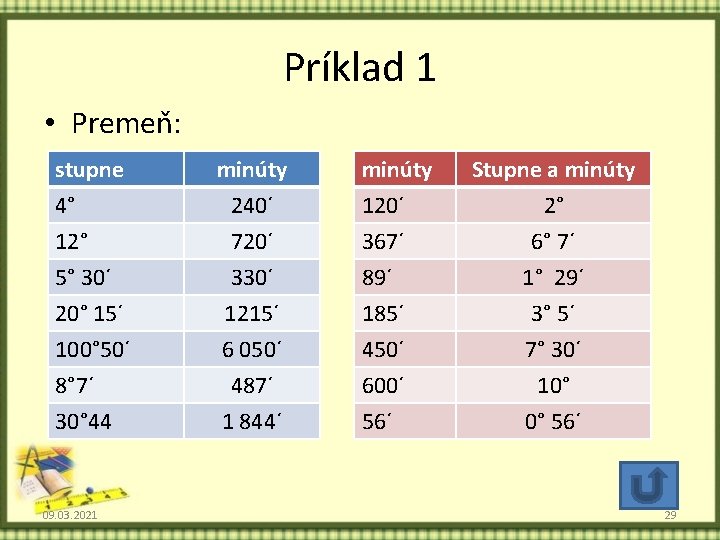 Príklad 1 • Premeň: stupne 4° 12° 5° 30´ minúty 240´ 720´ 330´ minúty