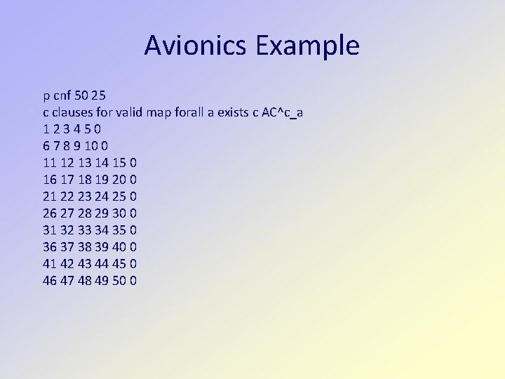 Avionics Example p cnf 50 25 c clauses for valid map forall a exists