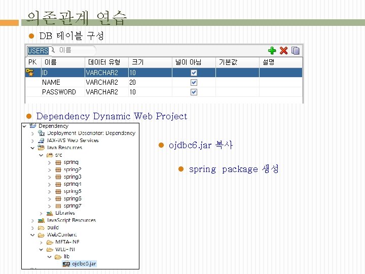 의존관계 연습 l DB 테이블 구성 l Dependency Dynamic Web Project 구성 l ojdbc