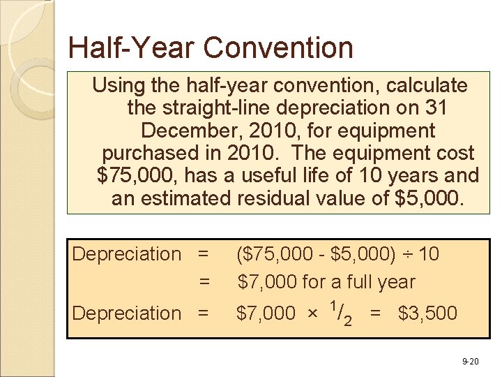 Half-Year Convention Using the half-year convention, calculate the straight-line depreciation on 31 December, 2010,