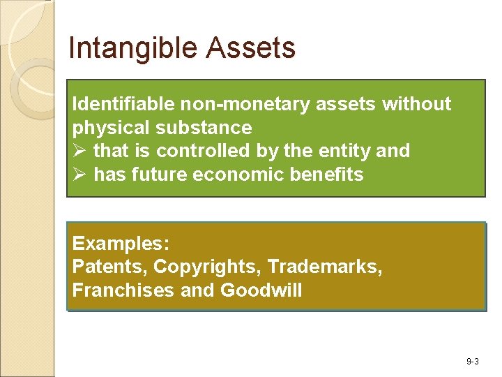 Intangible Assets Identifiable non-monetary assets without physical substance Ø that is controlled by the