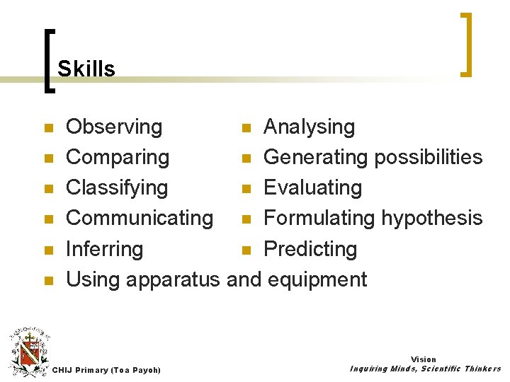 Skills n n n Observing n Analysing Comparing n Generating possibilities Classifying n Evaluating