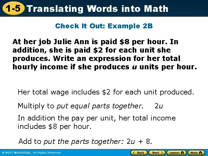 1 -5 Translating Words into Math Check It Out: Example 2 B At her 1 -5 Translating Words into Math Check It Out: Example 2 B At her