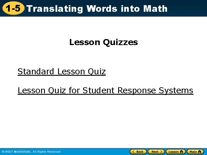 1 -5 Translating Words into Math Lesson Quizzes Standard Lesson Quiz for Student Response