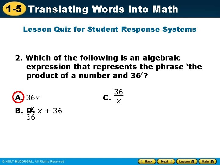 1 -5 Translating Words into Math Lesson Quiz for Student Response Systems 2. Which 1 -5 Translating Words into Math Lesson Quiz for Student Response Systems 2. Which