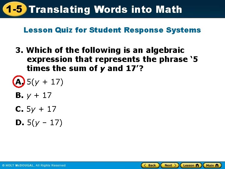 1 -5 Translating Words into Math Lesson Quiz for Student Response Systems 3. Which 1 -5 Translating Words into Math Lesson Quiz for Student Response Systems 3. Which