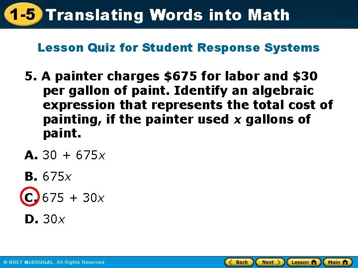 1 -5 Translating Words into Math Lesson Quiz for Student Response Systems 5. A 1 -5 Translating Words into Math Lesson Quiz for Student Response Systems 5. A