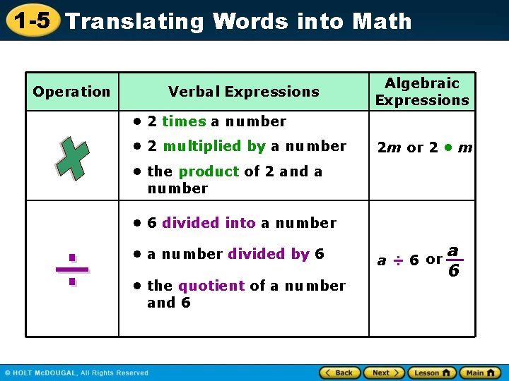 1 -5 Translating Words into Math Operation Verbal Expressions Algebraic Expressions • 2 times 1 -5 Translating Words into Math Operation Verbal Expressions Algebraic Expressions • 2 times