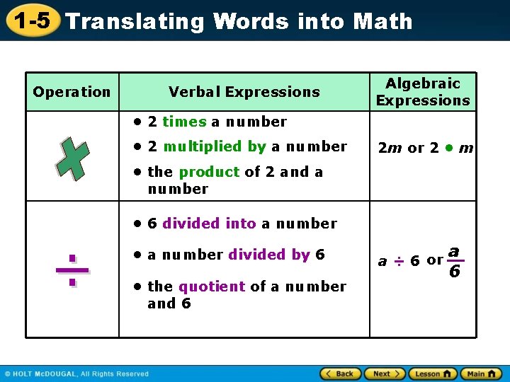 1 -5 Translating Words into Math Operation Verbal Expressions Algebraic Expressions • 2 times