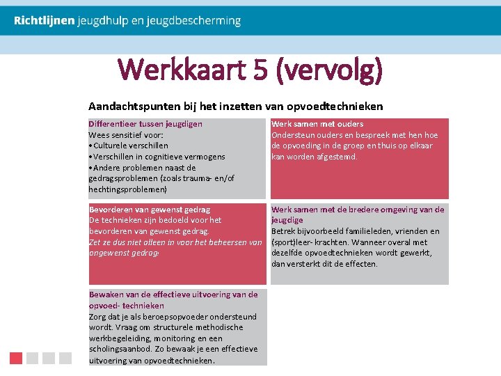 Werkkaart 5 (vervolg) Aandachtspunten bij het inzetten van opvoedtechnieken Differentieer tussen jeugdigen Wees sensitief