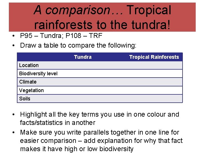 A comparison… Tropical rainforests to the tundra! • P 95 – Tundra; P 108 A comparison… Tropical rainforests to the tundra! • P 95 – Tundra; P 108