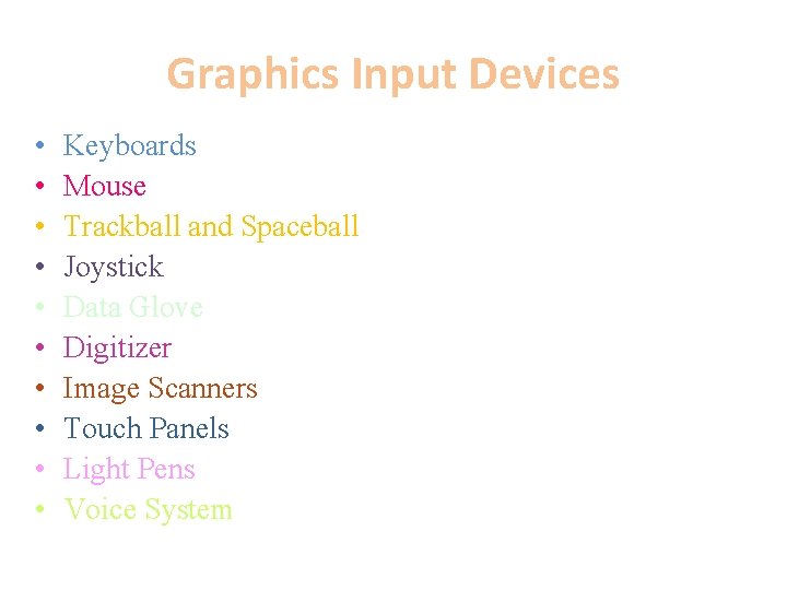 Graphics Input Devices • • • Keyboards Mouse Trackball and Spaceball Joystick Data Glove