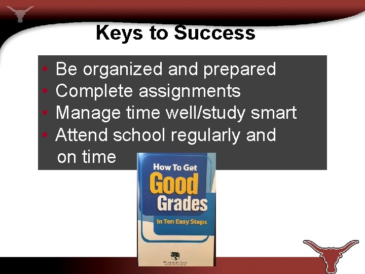 Keys to Success • Be organized and prepared • Complete assignments • Manage time