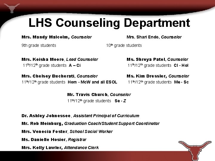 LHS Counseling Department Mrs. Mandy Malcolm, Counselor 9 th grade students Mrs. Shari Endo,