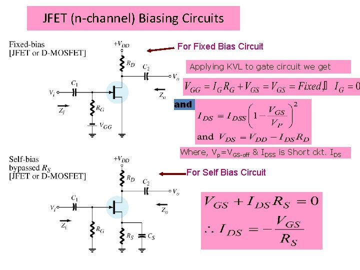 JFET (n-channel) Biasing Circuits For Fixed Bias Circuit Applying KVL to gate circuit we