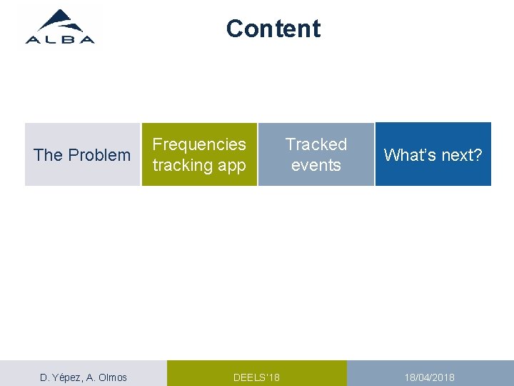 Content The Problem D. Yépez, A. Olmos Frequencies tracking app DEELS’ 18 Tracked events Content The Problem D. Yépez, A. Olmos Frequencies tracking app DEELS’ 18 Tracked events