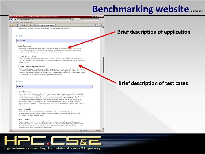 Benchmarking website Brief description of application Brief description of test cases continued 