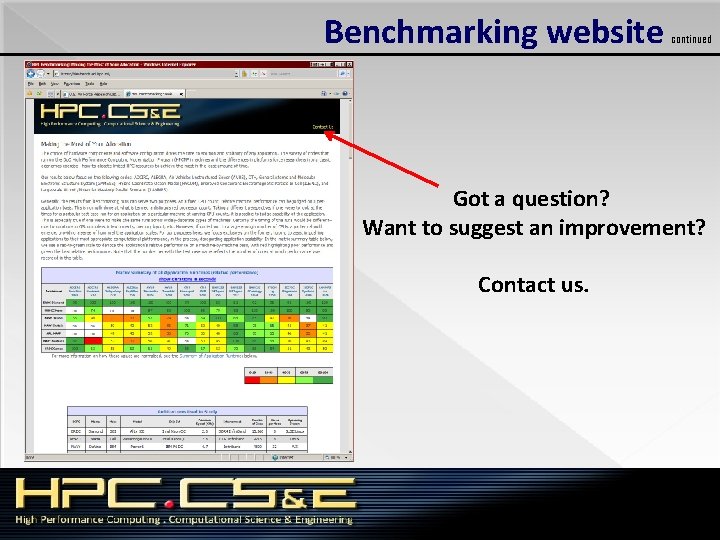 Benchmarking website continued Got a question? Want to suggest an improvement? Contact us. 