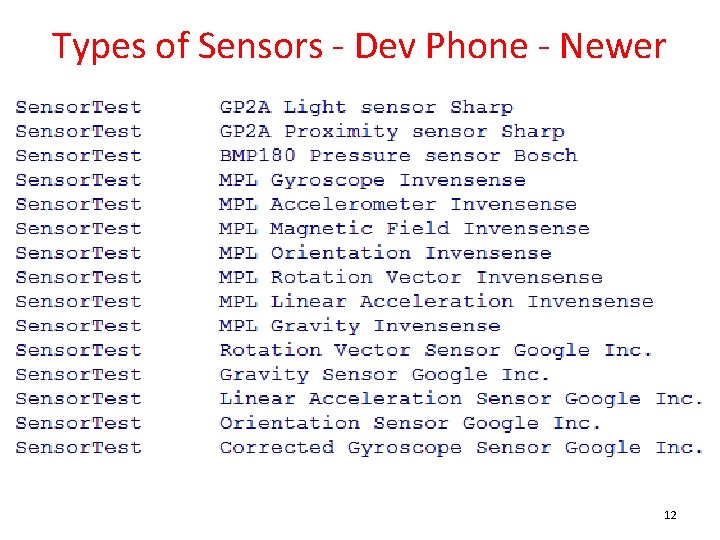 Types of Sensors - Dev Phone - Newer 12 