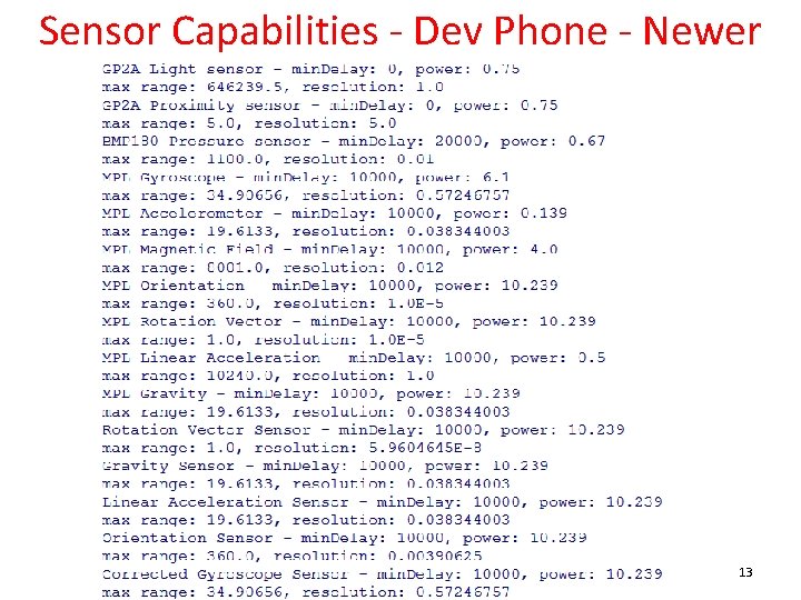 Sensor Capabilities - Dev Phone - Newer 13 