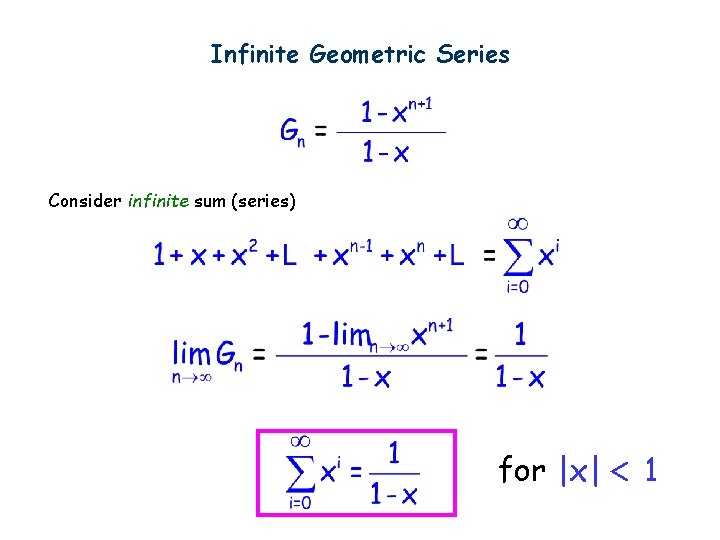Infinite Geometric Series Consider infinite sum (series) for |x| < 1 
