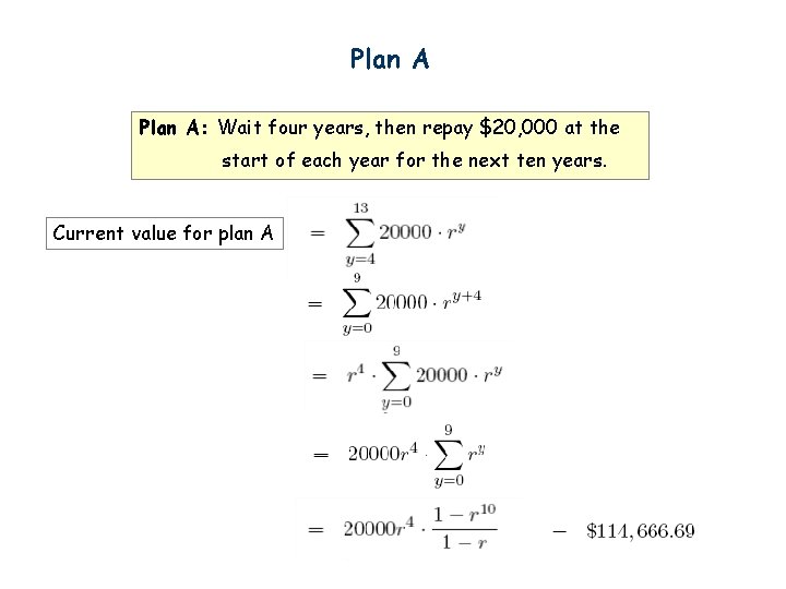 Plan A: Wait four years, then repay $20, 000 at the start of each
