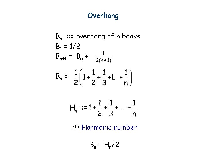 Overhang Bn : : = overhang of n books B 1 = 1/2 Bn+1