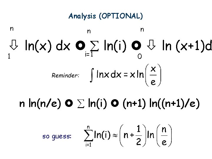 Analysis (OPTIONAL) n n n ln(x) dx i=1 ln(i) ln (x+1)d 1 0 Reminder: