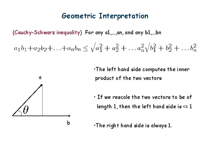 Geometric Interpretation (Cauchy-Schwarz inequality) For any a 1, …, and any b 1, …bn