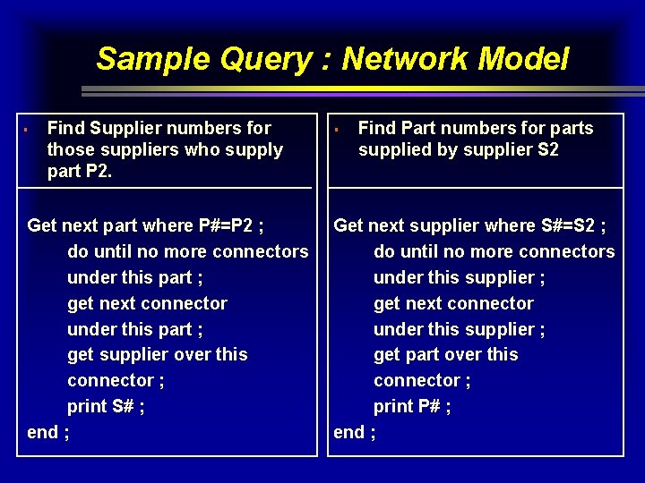 Sample Query : Network Model § Find Supplier numbers for those suppliers who supply