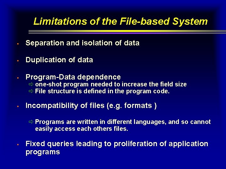 Limitations of the File-based System § Separation and isolation of data § Duplication of