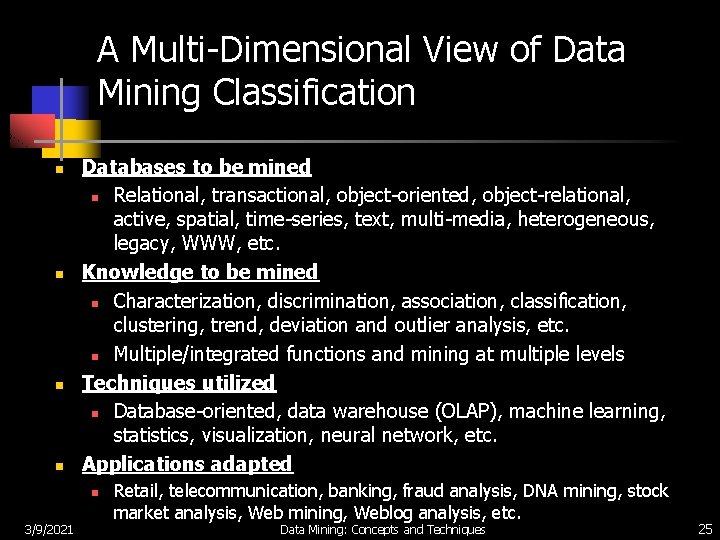 A Multi-Dimensional View of Data Mining Classification n n Databases to be mined n