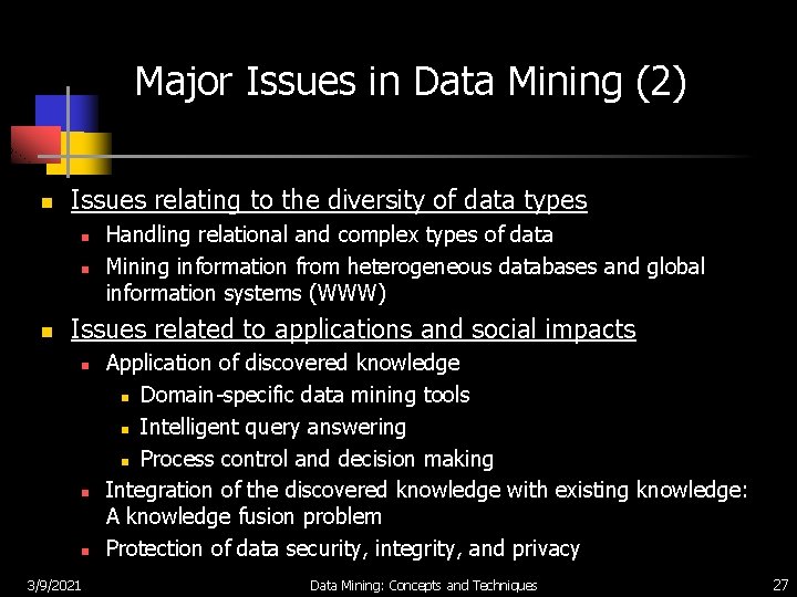 Major Issues in Data Mining (2) n Issues relating to the diversity of data