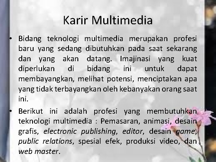 Karir Multimedia • Bidang teknologi multimedia merupakan profesi baru yang sedang dibutuhkan pada saat