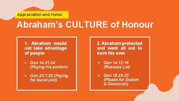 Appreciation and Honor Abraham’s CULTURE of Honour 1. Abraham would not take advantage of